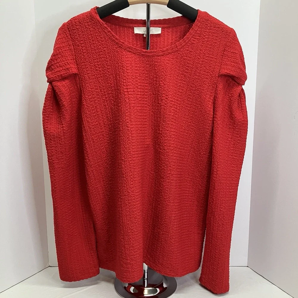 LOFT Womens Red Textured Puff Knotted Sleeve Long Sleeve‎ Shirt Size XL